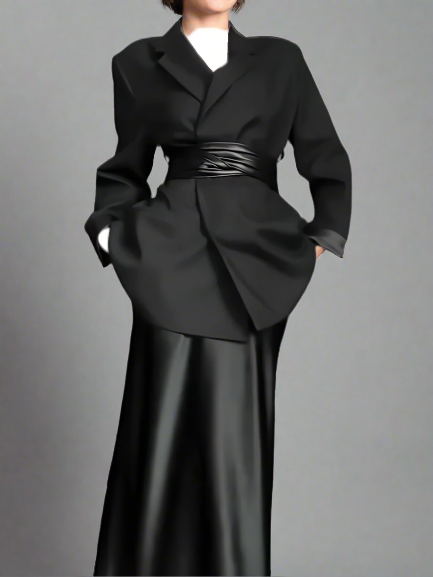 Elegant style with a black blazer and long skirt