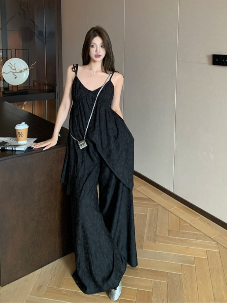 V-neck Irregular black camisole top & wide-leg pants