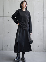 Irregular multi-zip panel midi skirt