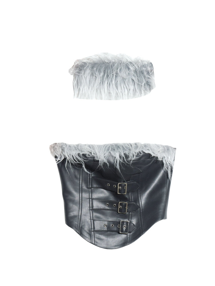 Fur splicing punk PU leather bandeau