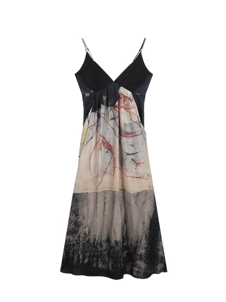 Ink print V-neck slip dress