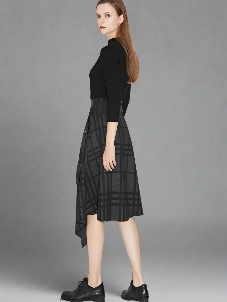 Belt panels irregular contrasting check skirt