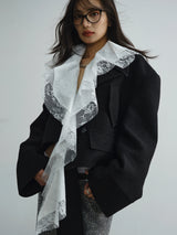 Lace ruffle asymmetric woolen silhouette coat