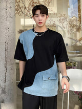 Irregular denim stitching short-sleeved T-shirt