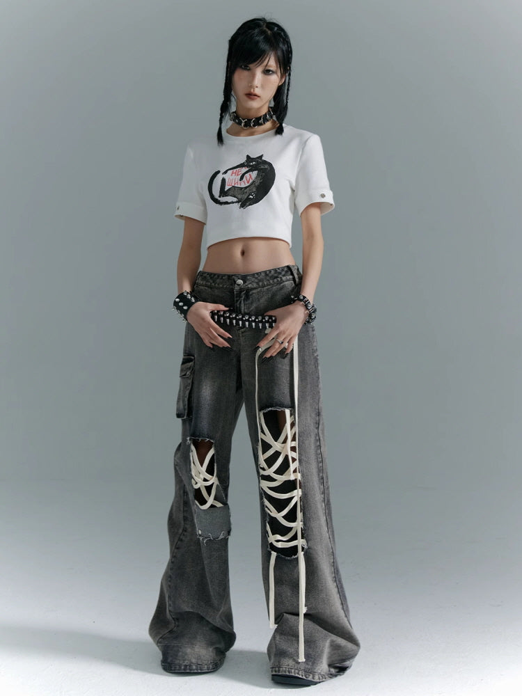 Retro washed low waist wide leg pants