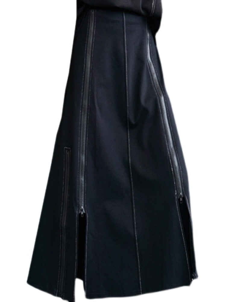 Irregular multi-zip panel midi skirt