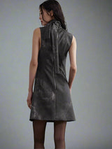 Cut-out twisted smoky ink-dyed PU leather scarf dress