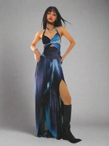 Blue marine resort-inspired backless dress