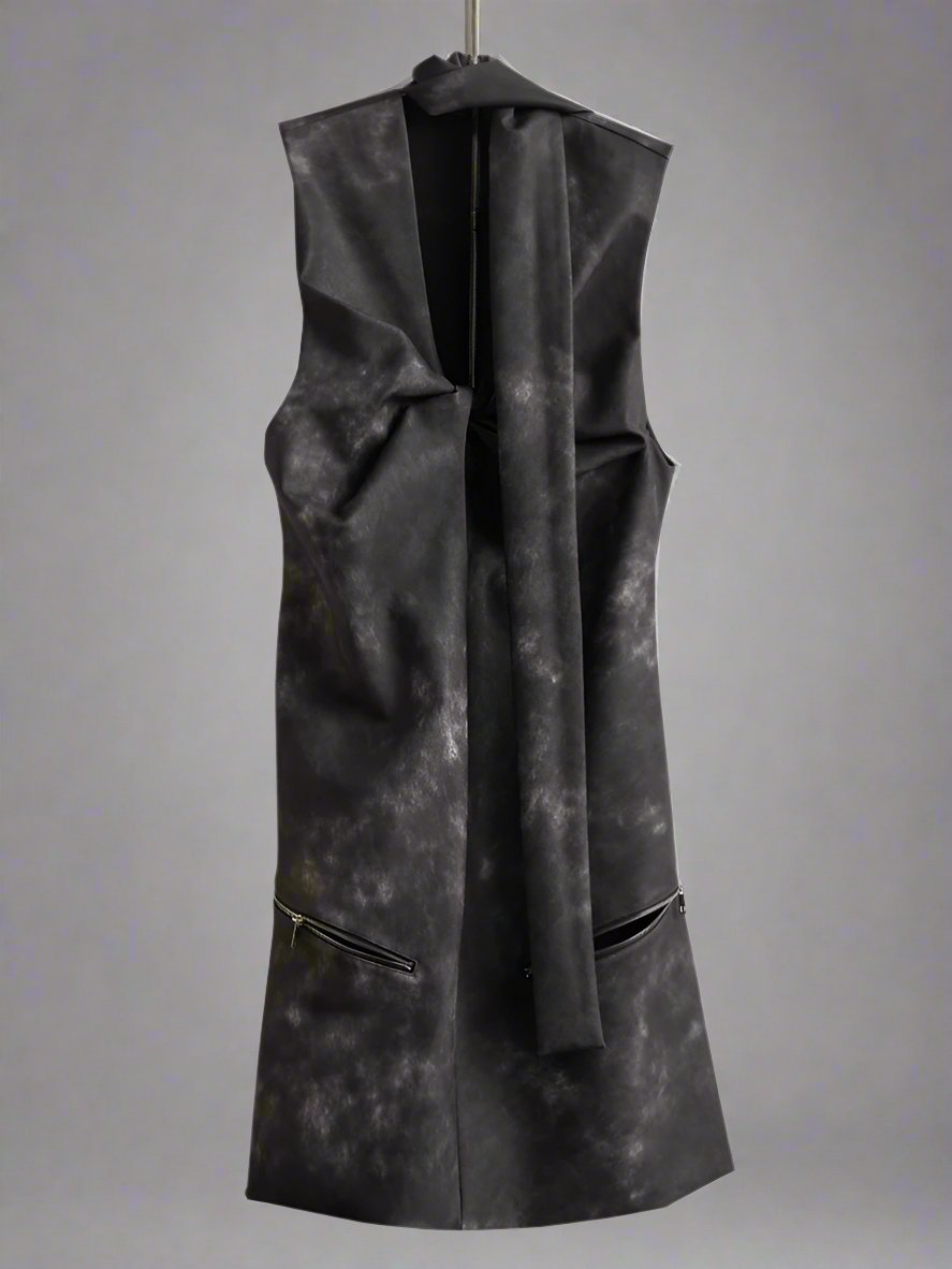 Cut-out twisted smoky ink-dyed PU leather scarf dress