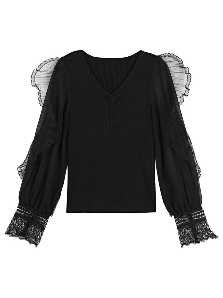 V-neck mesh lace patchwork slim fit knit