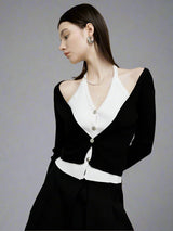 Black and white contrast fake two-piece wool knit cardigan