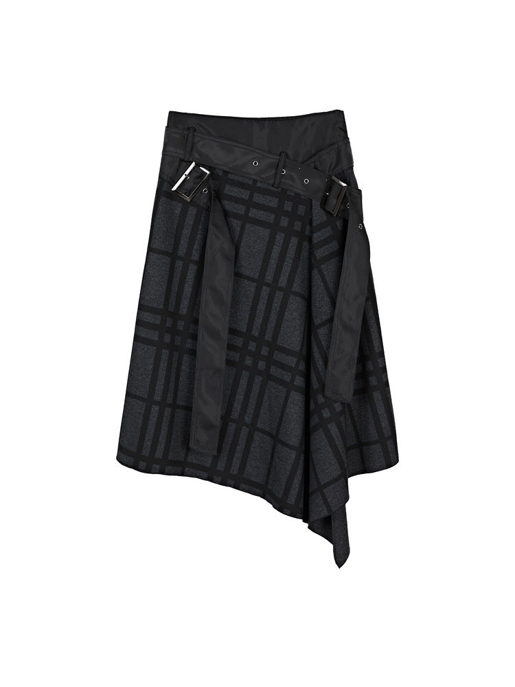 Belt panels irregular contrasting check skirt