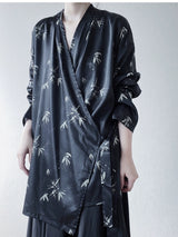 Bamboo leaf print long-sleeved V-neck shirt