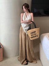 Stylish backless pleated top & wide-leg slacks suit