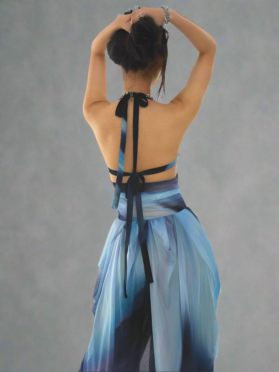 Blue marine resort-inspired backless dress