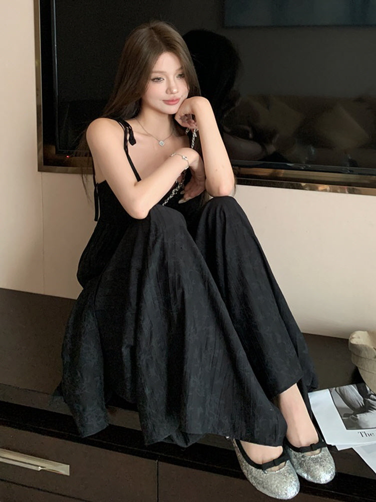 V-neck Irregular black camisole top & wide-leg pants