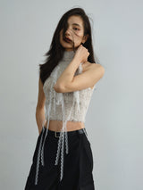 Soft fluffy lace tassel rhinestone tank top