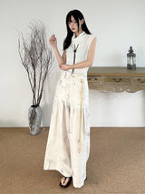 Summer new linen tie-dye high-waisted straight wide-leg slacks