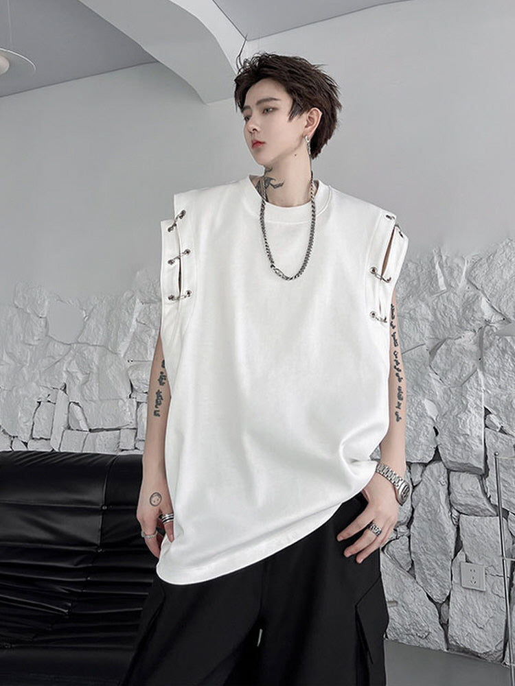 Metal buckle deconstructed design sleeveless T-shirt