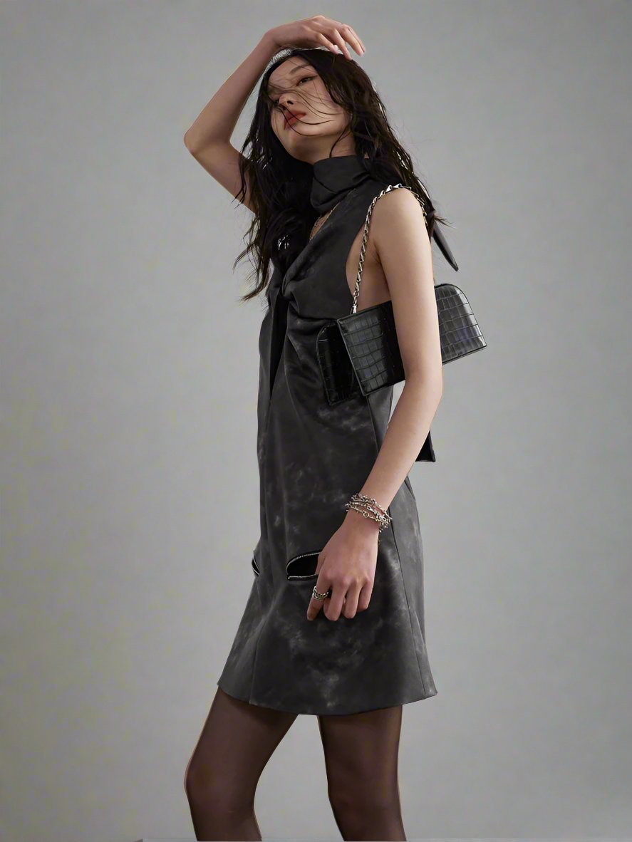 Cut-out twisted smoky ink-dyed PU leather scarf dress