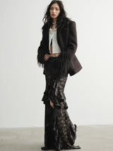 PU leather tie-dye satin ruffle maxi skirt