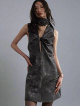 Cut-out twisted smoky ink-dyed PU leather scarf dress