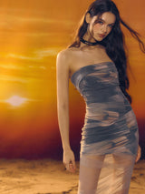 Hazy sheer print bandeau slim dress