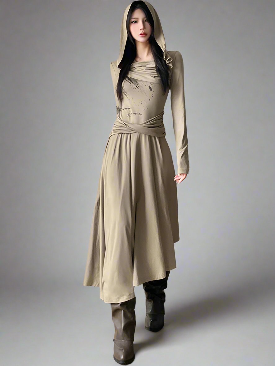 Khaki hooded irregular dress