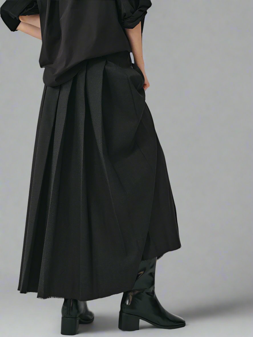 Wool Pleated Maxi Skirt with Frayed Hem