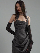 Smoky ink-dyed PU leather halterneck bandeau dress