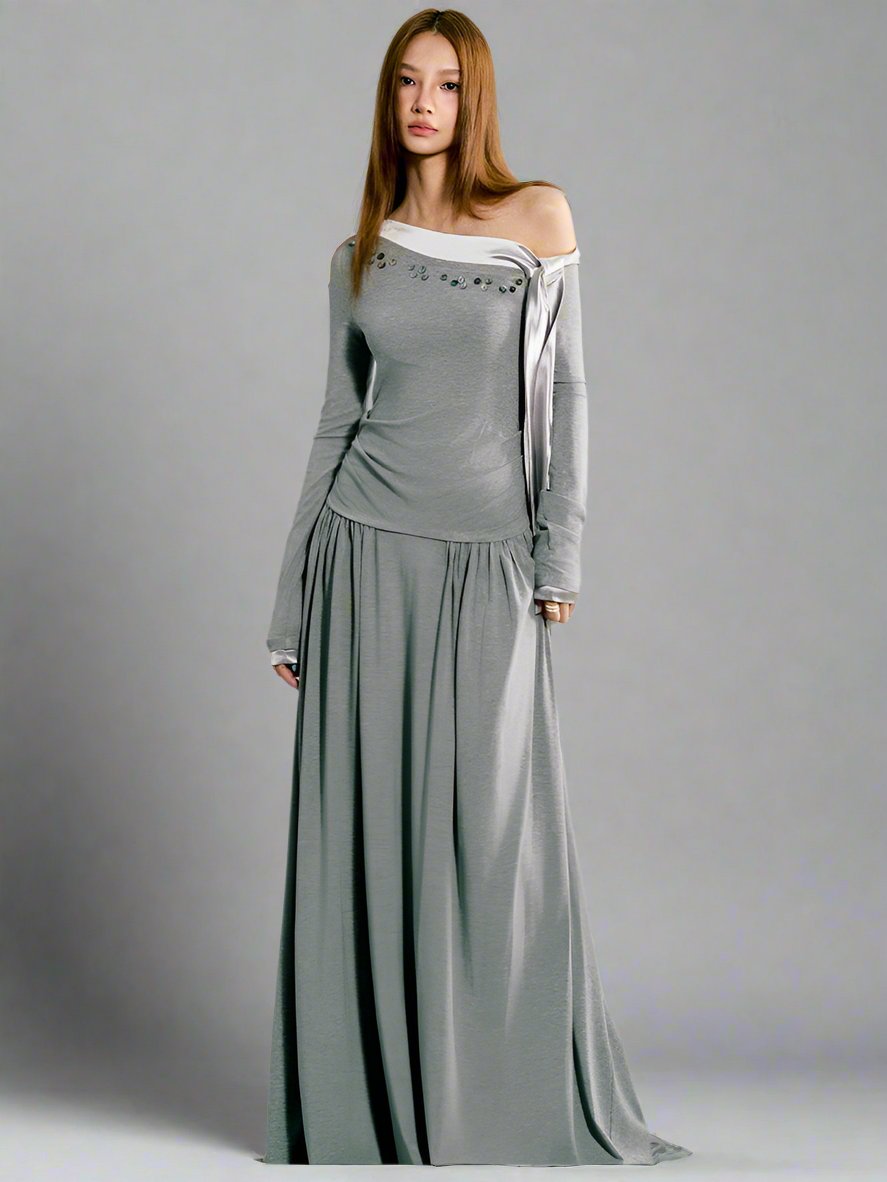 Asymmetrical Off-Shoulder Draped Maxi Dress