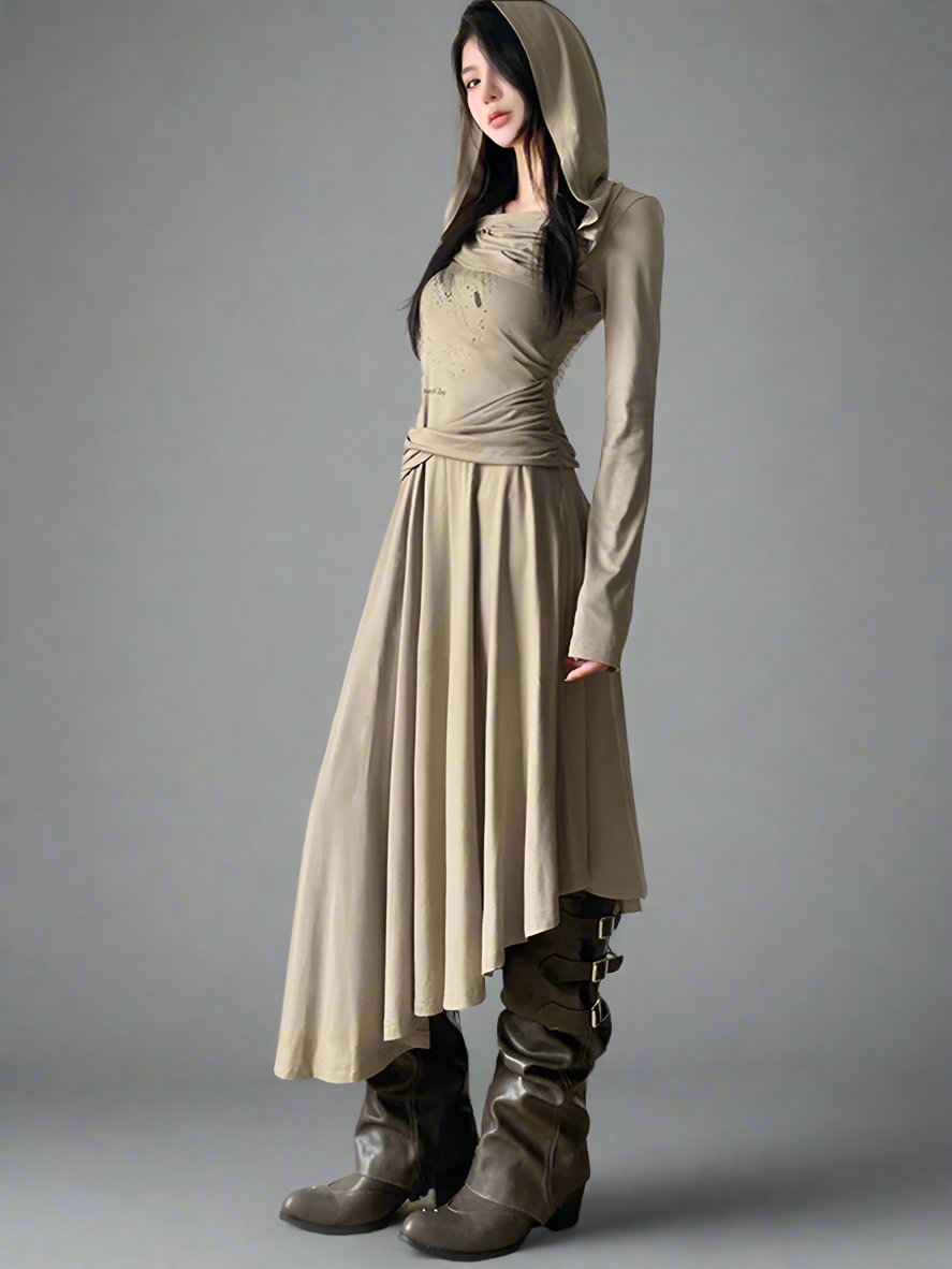 Khaki hooded irregular dress