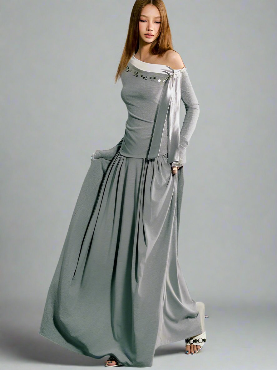 Asymmetrical Off-Shoulder Draped Maxi Dress