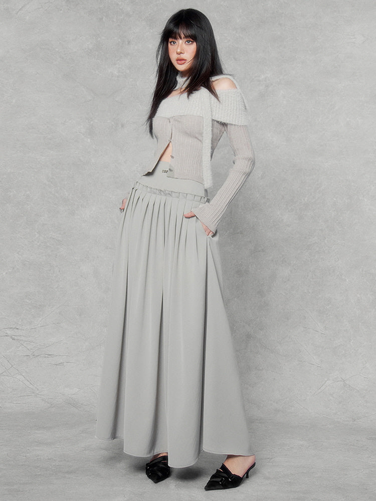 Waist tightening thin satin long skirt