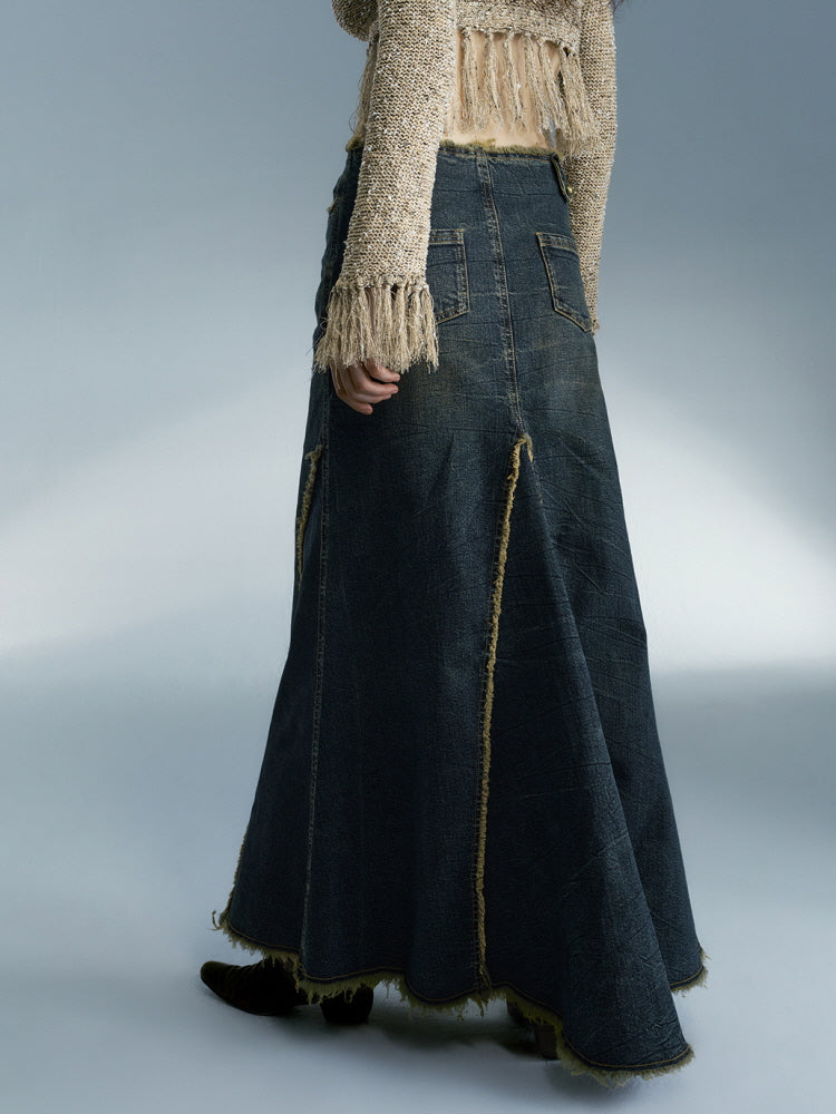 Vintage distressed fishtail long skirt