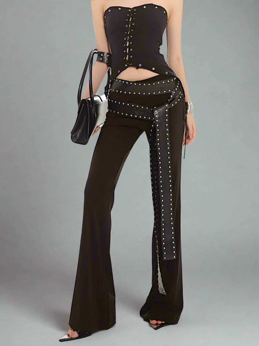 Blockbuster stud belt stretch flare pants