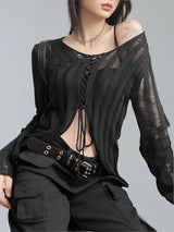 Black openwork long-sleeved knit T-shirt