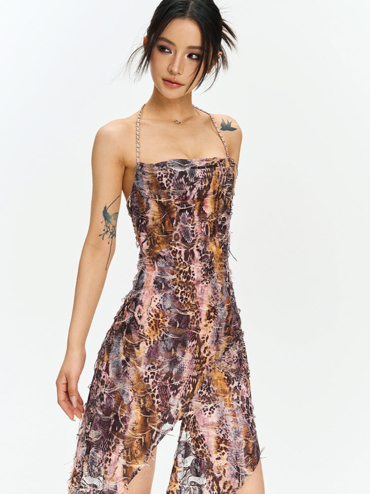 Purple and gold leopard print halterneck sundress