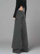 Black and white vertical stripe wide-leg jeans