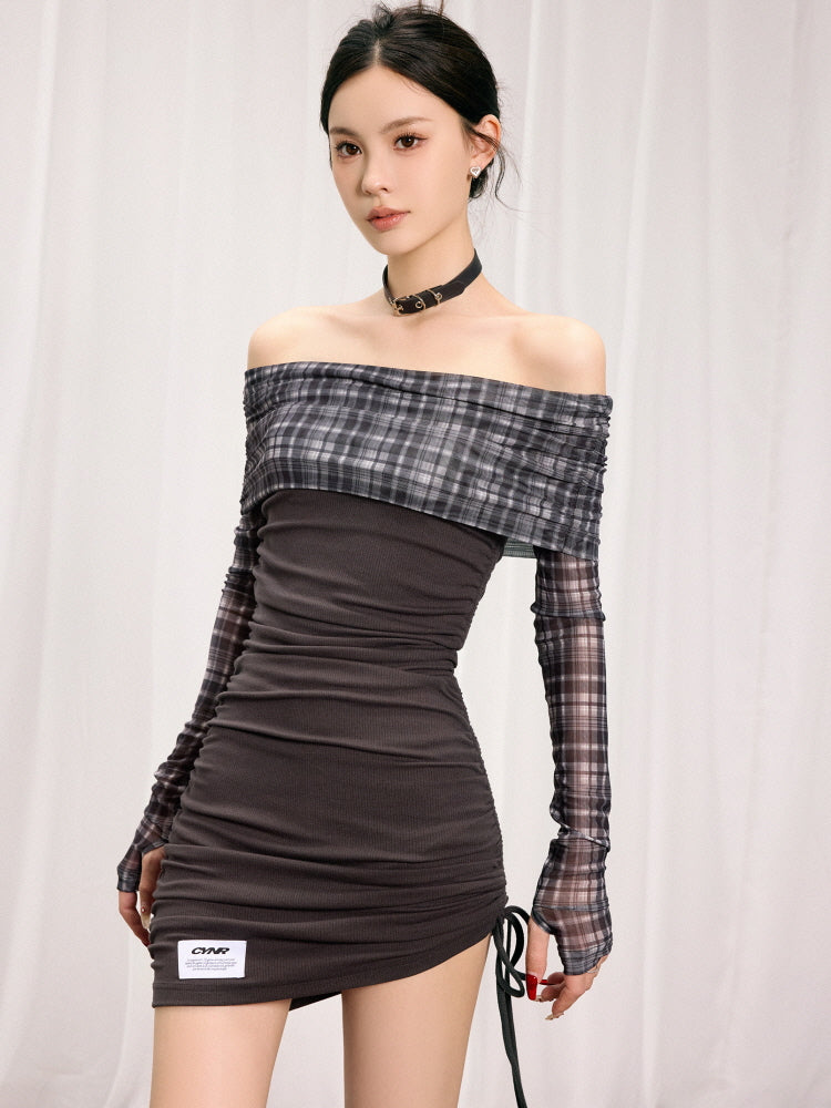 Retro plaid one-shoulder mesh dress