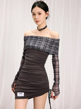 Retro plaid one-shoulder mesh dress