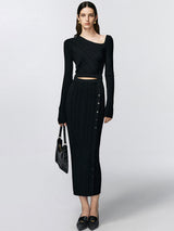 Asymmetrical Knitted Skirt Set with Button Detailing