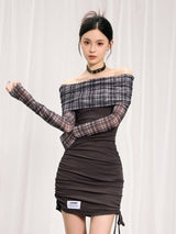 Retro plaid one-shoulder mesh dress