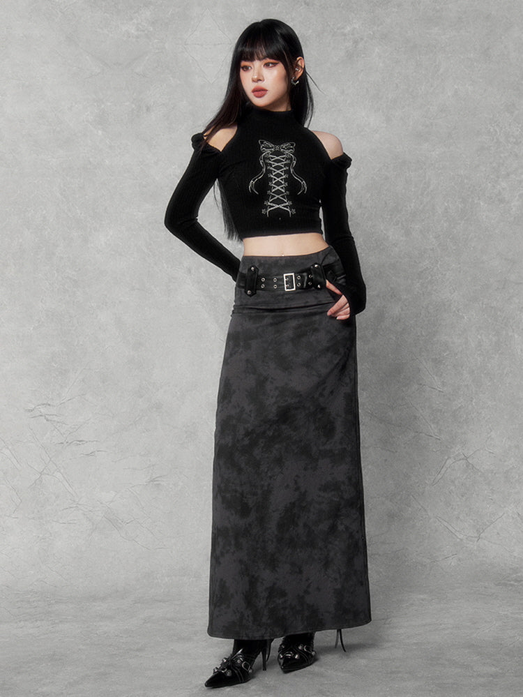 Retro metal buckle high-waisted A-line skirt