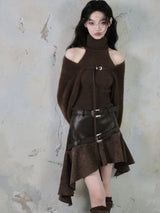 A-line high-waisted irregular thin leather skirt