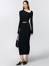 Asymmetrical Knitted Skirt Set with Button Detailing