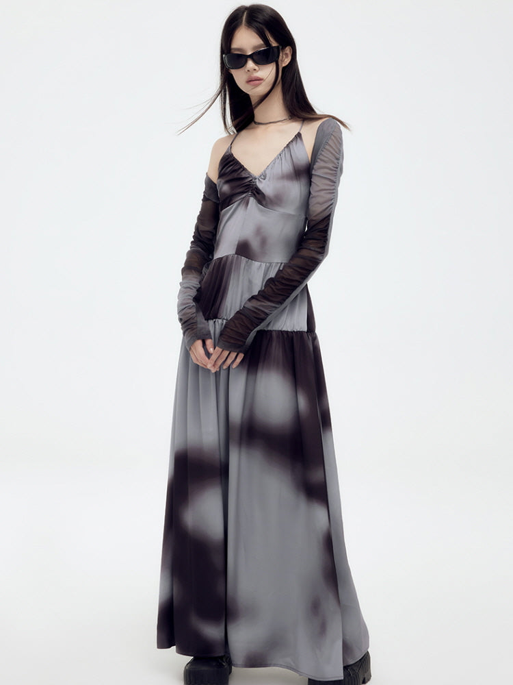 Tie-dye thin mist twill satin backless ruched dress