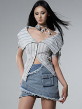 Shoulder tie short sleeves striped shirt