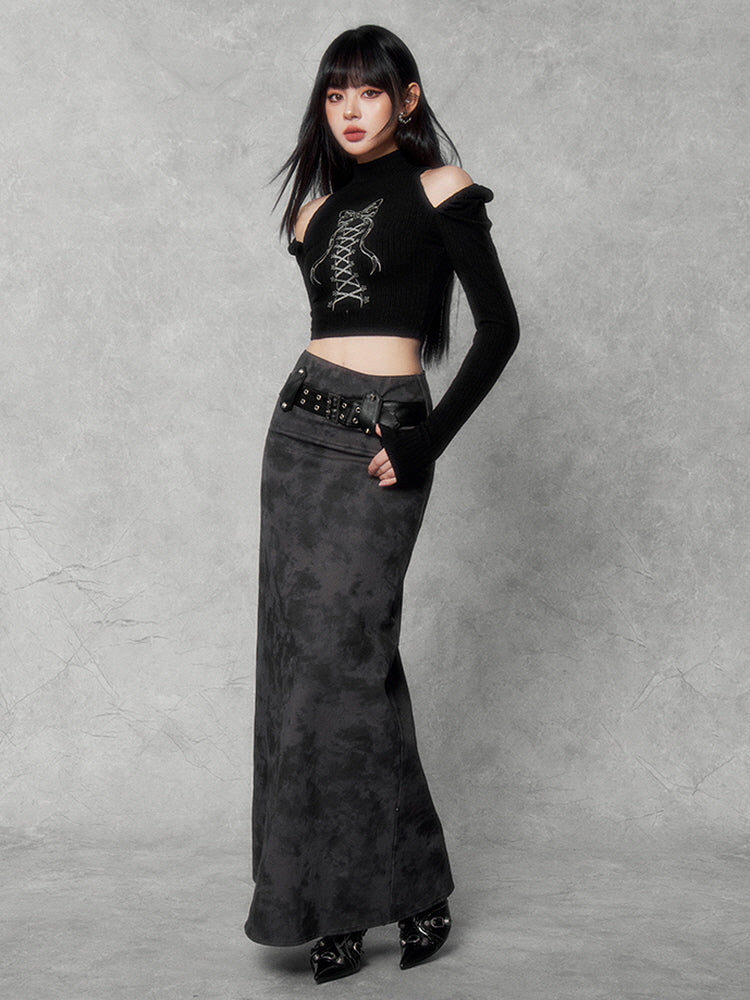 Retro metal buckle high-waisted A-line skirt