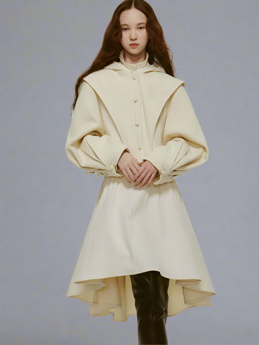 Layered lantern sleeve short hooded cloak wool Coat